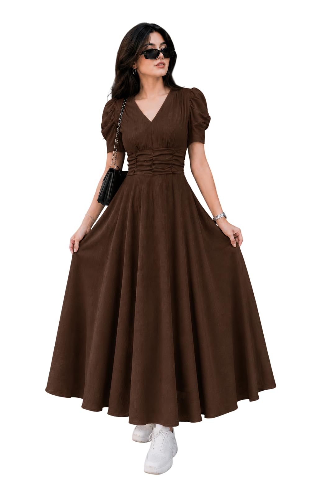 preneum Girl's & Women's Solid Color V-Neck A-Line Maxi Dress for Women | New Year Party Outfit | Waist Cinched Puff Sleeve Western | Elegant Casual Wear (Availble in Plus Size)-picture-40