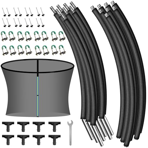 8PCS Trampoline Curved Pole and 14FT Trampoline Replacement Net, Universal Trampoline Enclosure Net with Replacement Pole, Plastic T Connector & Fiberglass Rods Fits 14