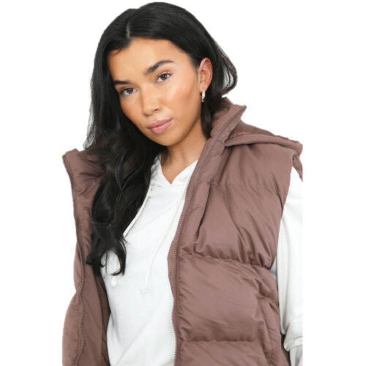 BRAVE SOUL Ladies Mila Padded Bodywarmer Cropped Microfibre Hooded Gilet (as8, numeric, numeric_14, regular, regular, Peppercorn Brown, 14)