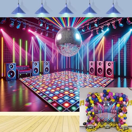 Disco Stage Backdrop Retro Rock Music Disco Ball Glow Colorful Photography Background 70s 80s 90s Night Club Neon Dance Prom Birthday Party Decoration Banner Photo Props (8x6FT)