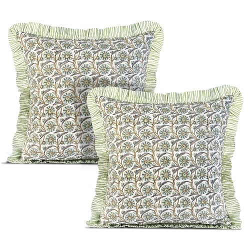 Ridhi Block Print Bloom Bubbles Throw Pillow Cover 18" x 18" (Pack of 2) Decorative Cushion Covers with Ruffle for Couch, Sofa, Bed, Living Room, Home Decor Gift for Spring, Easter, Valentine