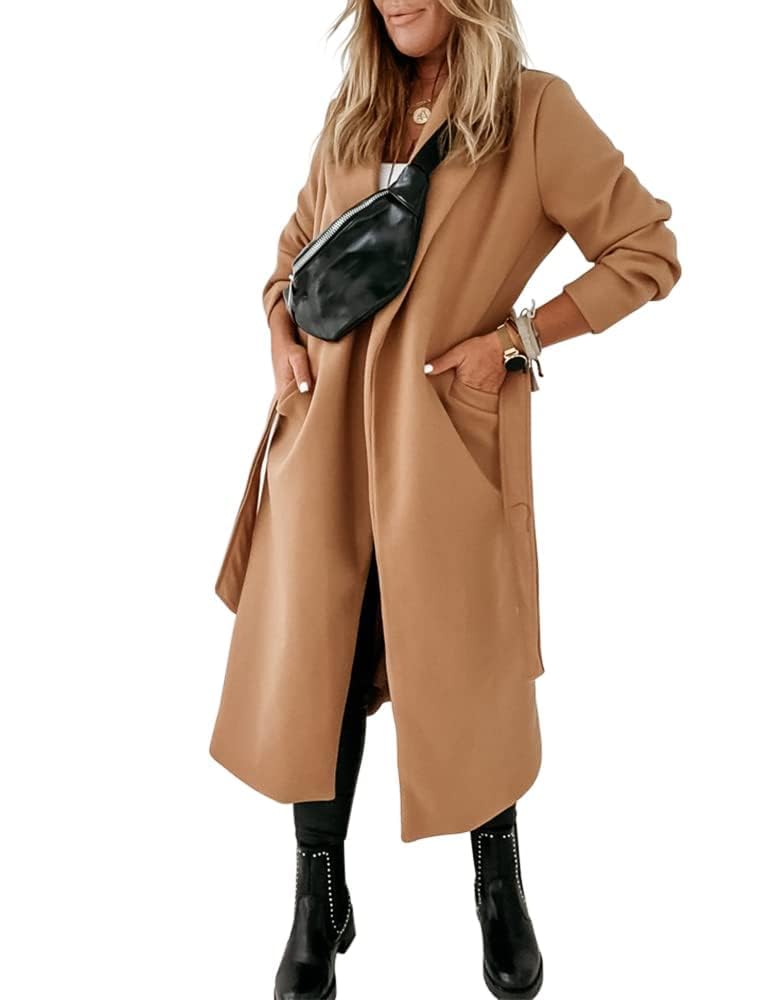 Cicy Bell Giacca lunga da donna classica con colletto con risvolto dentellato aperto sul davanti e cintura