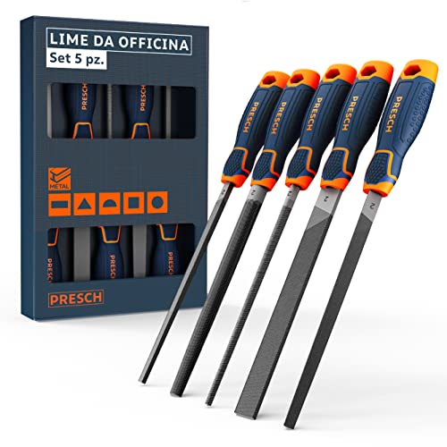 Presch Set di lime da officina 5 pezzi - Set di lime in metallo di alta qualità che comprende lime piatte, lime semitonde, lime rotonde, lime triangolari e lime quadrate - Lime Ferro