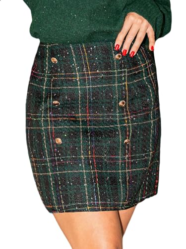CUPSHE Damen Rock Hoher Bund Knöpfen Tweed Karo Minirock High Waist Kurz Karierter Freizeitrock Elegant Mini Short Skirt Grün M