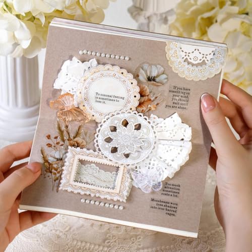 Image of HASTHIP 80pcs Lace Frame Scrapbook Stickers Set - 40 Styles Vintage Doily Border and Floral Frame Die Collage Papers Decorative Papers Journaling Supplies for Junk Journal Crafts Scrapbook
