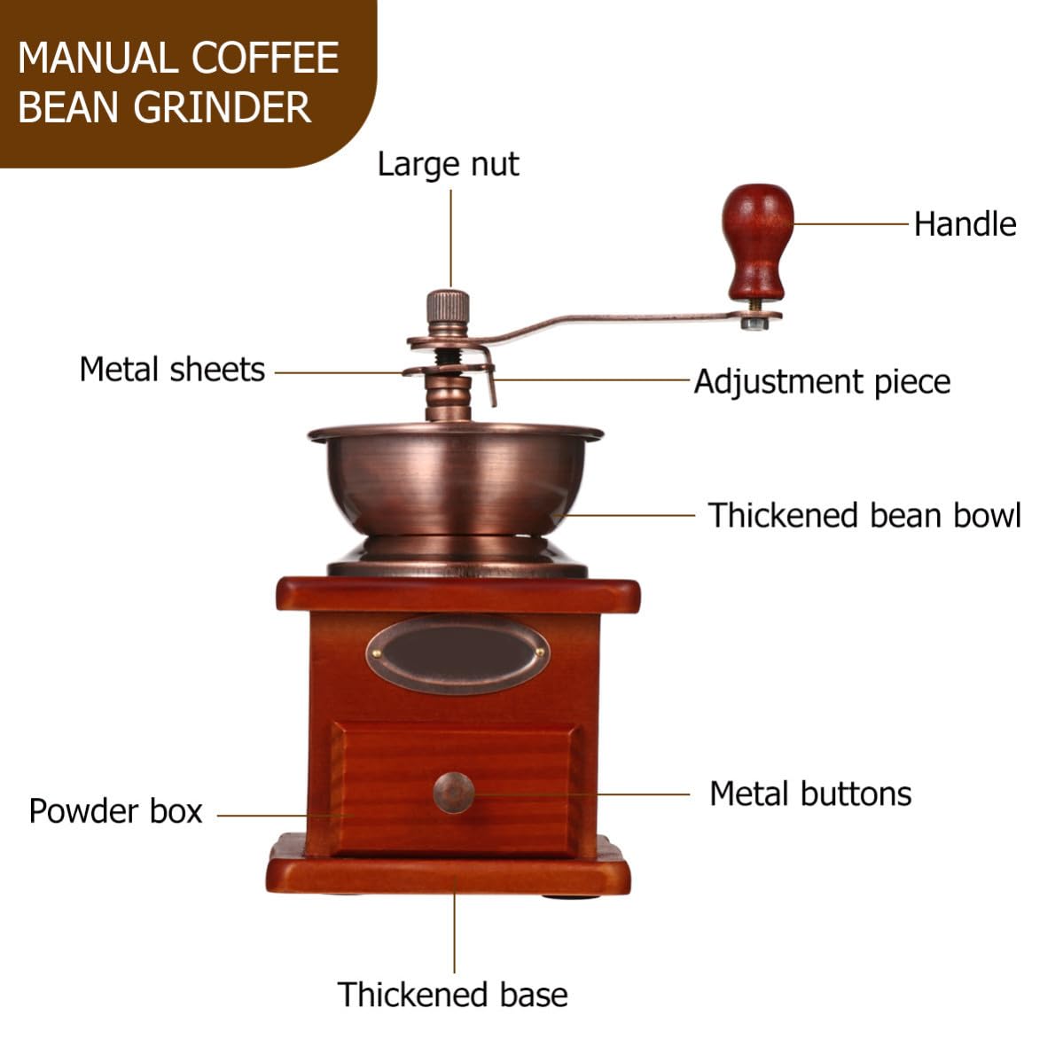 Molino de Grano Clásico Manual de Madera y Cerámica Molienda Ajustable para Café y Granos, Molinillo Portátil Adecuado como Obsequio de Navidad
