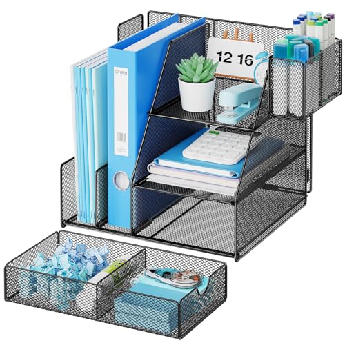 Marbrasse Desk Organizer and Accessories, 3-Tier File Organizer with Drawer and Pen Holder, Small Desktop Organizer and Storage for Workspace Office Supplies Black - Image 3