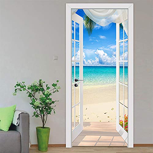 3D Door Wallpaper,3D Door Murals Peel And Stick,2Pcs Waterproof Decal Villa Sea View Door Wallpaper For Home Decoration Bedroom Living Room Bathroom Stair-30.3"X78.7" #TOP4