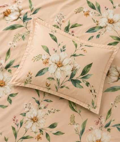 Image of Cotton Feel Glace Cotton Double Bed Fitted Bedsheet Set || Includes 1 Elastic Bedsheet King Size & 2 Pillow Covers (78 x 72 Inches, Botanica)