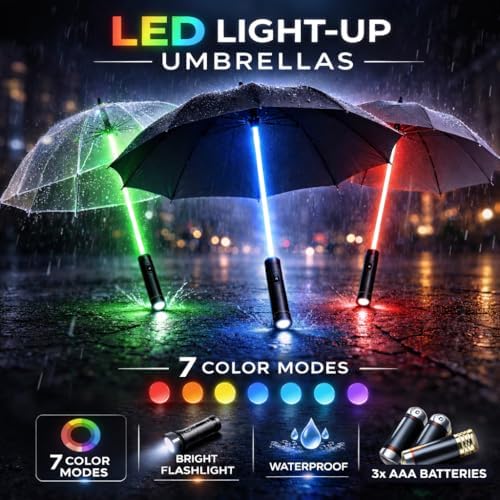 Liberty Imports 3팩 - 7가지 색상 변경 효과가 있는 LED 조명 우산 | 손전등 손잡이가 있는 방풍 골프 우산 (투명/블랙/그레이) — 사진 3