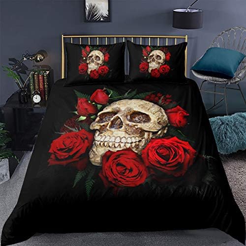 Skull Bedding Set Floral Skull Duvet Cover Full Size Gothic Skull Comforter Cover Rose Bones Skeleton Decor Bedspread Cover with 2 Pillow Shams, Kids Adults Aesthetic Bedding Cover Soft,Red Black