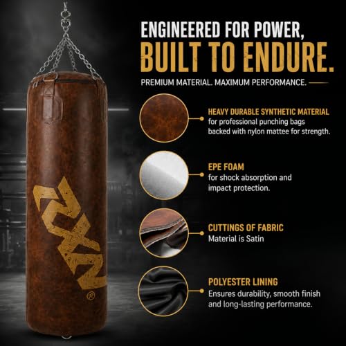 Image of RXN Powerstrike Boxing Punching Bag (Brown, 90 CM) | Synthetic Leather | Pre-Filled | Heavy-Duty Build | 4-Way Chain Included | Boxing, MMA & Kickboxing Training