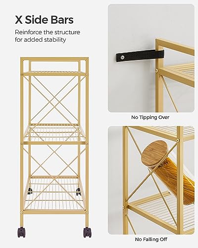 Image of SONGMICS 3-Tier Metal Storage Rack with Wheels, Mesh Shelving Unit with X Side Frames, 31.5-Inch Width, for Entryway, Kitchen, Living Room, Bathroom, Industrial Style, Metallic Gold UBSC183A01