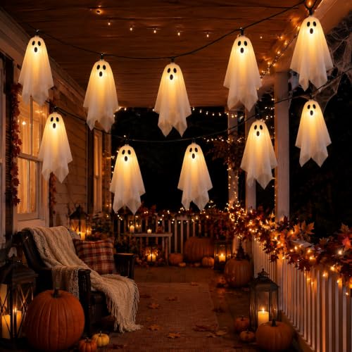 Halloween Ghost String Lights Outdoor, White Fabric Hanging Ghost Lights