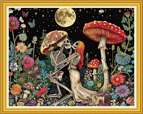 Image of Funxvoot Stamped Cross Stitch Kits for Beginners or Adults Embroidery Starter Patterns | DIY Printed Cross Stitch Kits Needlepoint for Adults 11CT-Moon Night Skeleton Couple 16x20 inch