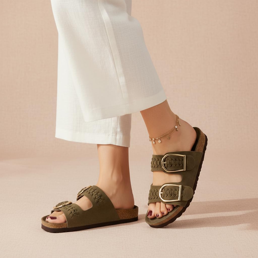 CUSHIONAIRE Cashew Slip On Genuine Suede Leather Womens Sandals - Braided Double-Strap Design with Adjustable Big Buckle Sandals for Women - Image 5