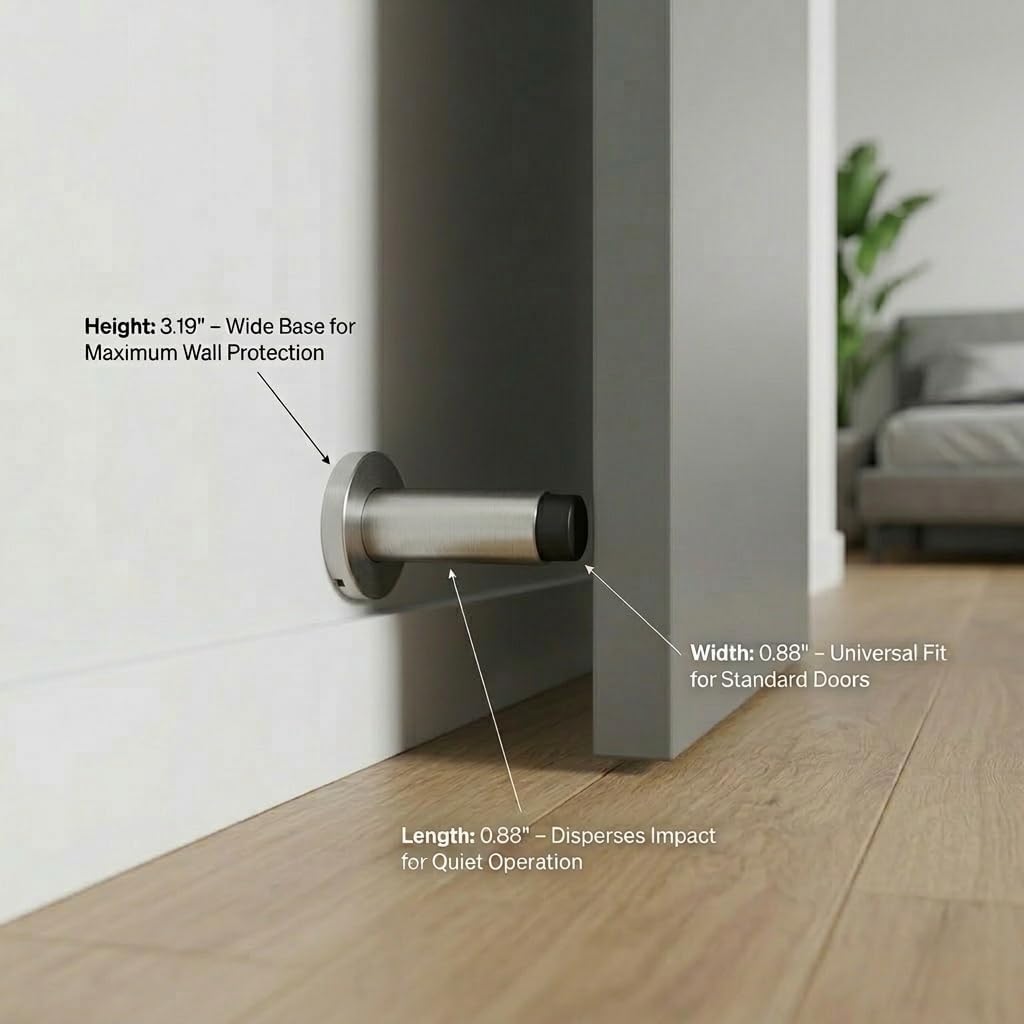 INOX Satin Stainless Steel Door Stoppers - Elegant Simple Style Door Stop with Durable Satin Finish, Heavy-Duty Wall Mounted Hardware, Scratch Protection, 3-3/16" Rise x 7/8" Wall Mount DSIX04-32D