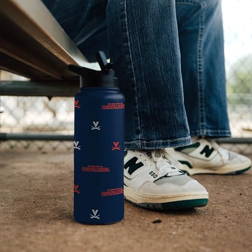 Image of Logo Brands NCAA Virginia Cavaliers Step & Repeat 34 oz Stainless Steel Quencher Bottle - All Over Logo Design, No-Spill Lid, Easy Carry Handle - Keeps Drinks Cold For Hours