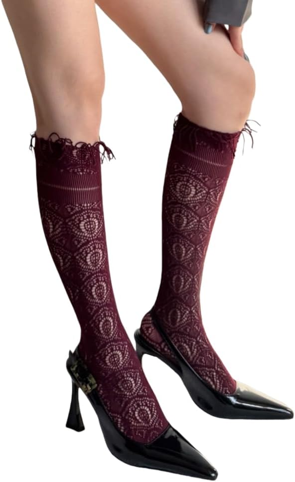 Mrotrida Women's Lace Trim Fishnet Knee High Stockings Tights JK Unique Bohemian Fringed Hollow Out Jacquard Mesh Socks