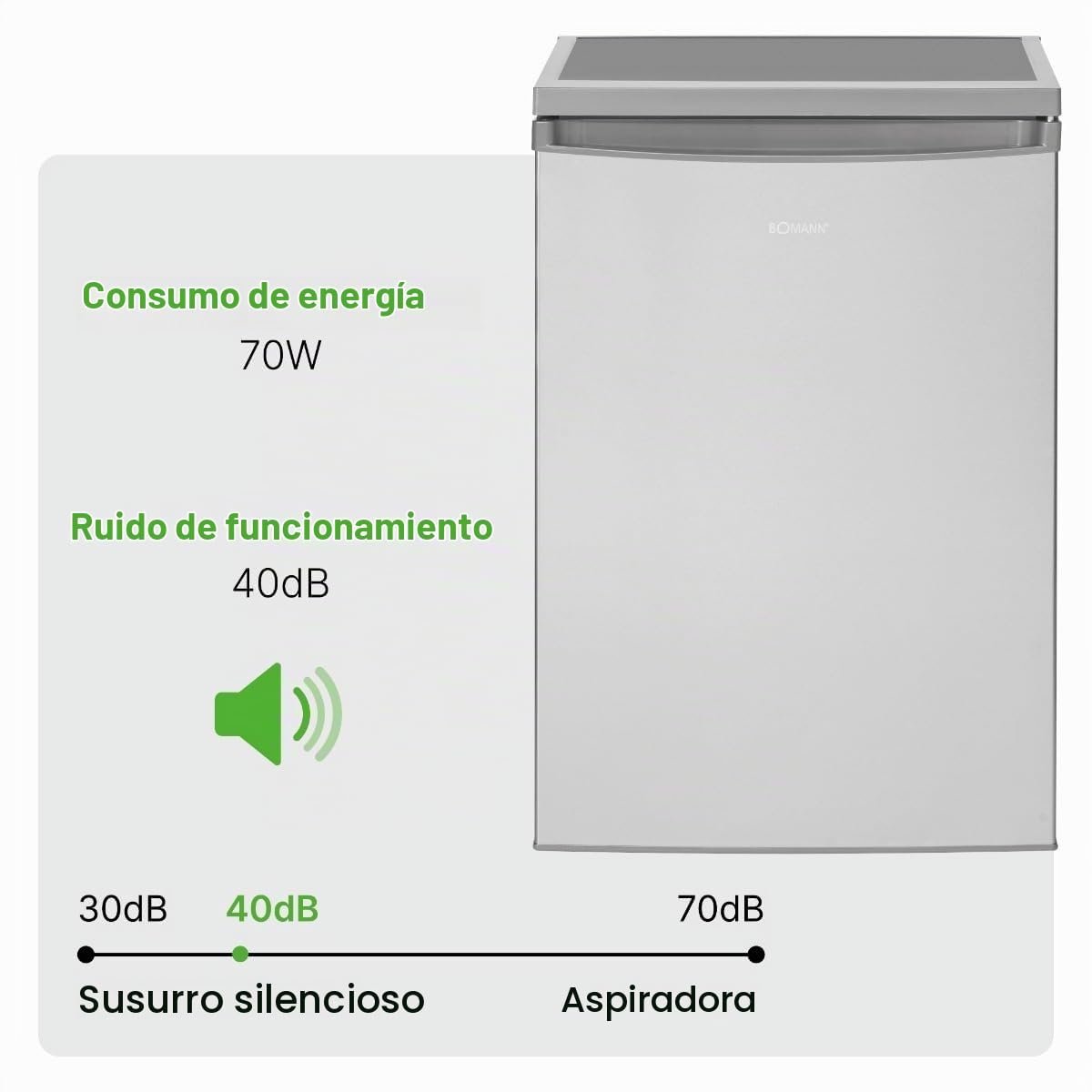 Bomann Nevera 133L acero inoxidable VS2185-1-inox, Capacidad neta: 133 litros, Iluminación interior LED, Control de temperatura continuo, 3 estantes de vidrio