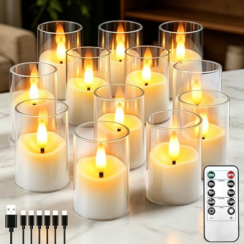 Image of Rechargeable Flameless Candles with Timer Remote | 1.7 inchx2.6 inch Clear Acrylic LED Tea Lights Candles,Small Votive Electric LED Candles for Home Wedding Holiday Decor(12 Pack)