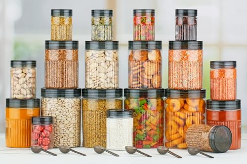 Image of pet Food Storage Containers Set with Airtight Lids, Kitchen Organisation Jars for Pasta, Spices, Dry Goods, Stackable (24 Pcs BLACK)