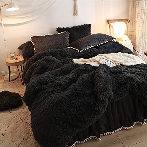 Haihua Black Luxury Fluffy Shaggy Duvet Cover,Cute Faux Fur Comforter Set (1 Duvet Cover + 2 Velvet Pillow Cases) Fuzzy Bedding 3 Pieces Sets, Zipper Closure (Black, King) #TOP7