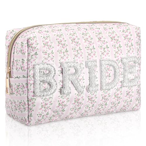 Sunnymove Large Quilted Cotton Bride Patch Letter Floral Makeup Bag for Women Bridesmaid Engagement Gift Bag Pouch Purse Bridal Shower Gifts for Engagement Wedding(8.1 X 5.1 X 2.8 Pink Bride)