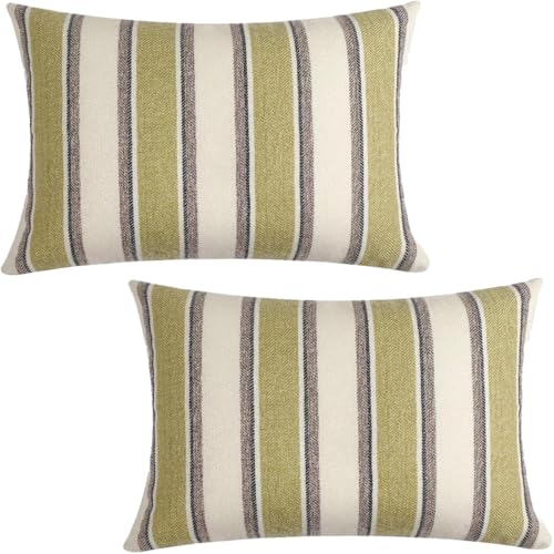 FSZhenZuan Pack of 2 Cushion Covers 30x50cm Decorative Green Striped Throw Pillow Covers Boho Soft Retro Pillowcases with Invisible Zipper for Couch Bed Living Room Home Decor