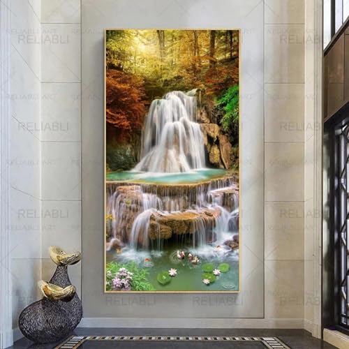 Tableau grand format pour grand mur vide : cascade abstraite et Koi - 4