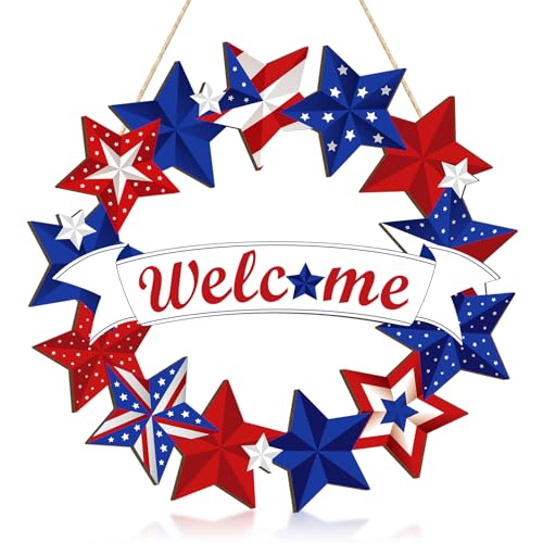 Wooden 4th of July Decoration Door Wreath for Front Door Sign Star Wall Signs, Independence Day Patriotic Day Wreath Welcome Memorial Day Hanging for Home Wall Decor Party Outdoor Indoor