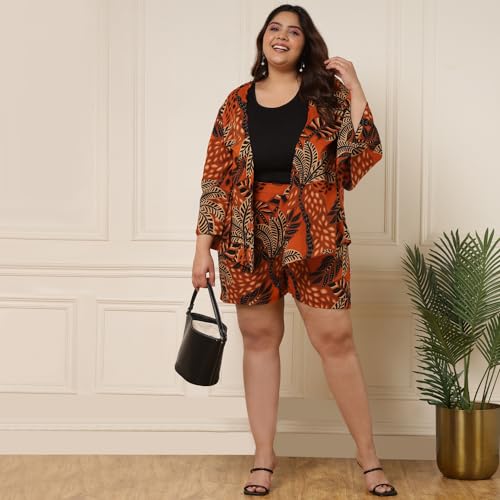 Image of DEEBACO Women's Leaf Print Rayon Thigh Length Shrug with Shorts|V-Neck|Cord Set for Women Fashion|Jumpsuits Western Dress for Women Stylish|Two Piece Co ord Set|Party Casual Wear(Multicolor)