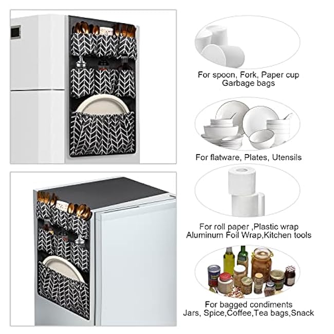 Mini Fridge Organizer 65 x 12.6, Mini Fridge Caddy with 15 Large Pockets, Over the Refrigerator Caddy Storage for Dorm, Pantry, Office, Plate, Silverware, Spice, Cutlery, Bottles, Napkins (Grey)