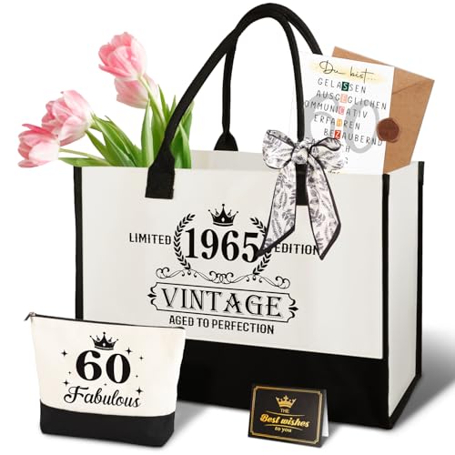 Giftota 60. Geburtstag Geschenk Frau – Vintage 1965 Canvas Einkaufstasche Tragetasche, Kosmetiktasche Set & Grußkarte – 60. Geburtstagsgeschenk für Mama, Kollegin Freundin, Schwester für Frauen Giftota 60. Geburtstag Geschenk Frau – Vintage 1965 Canvas Einkaufstasche Tragetasche, Kosmetiktasche Set & Grußkarte – 60. Geburtstagsgeschenk für Mama, Kollegin Freundin, Schwester für Frauen