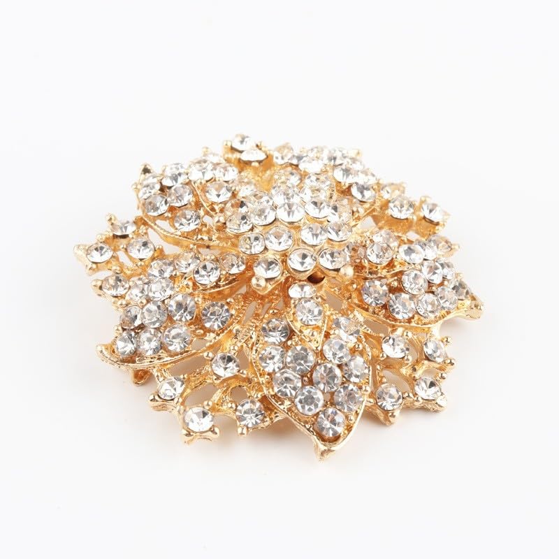 Image of Wedding Bridal Big Crystal Rhinestone Bouquet Brooch Pin for Women (gold flower)