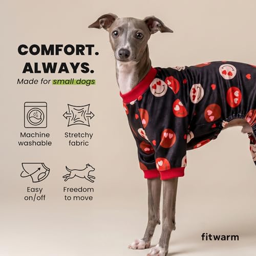 Image of Fitwarm Hearts Eyes Smily Face Dog Pajamas, Cozy Valentines Outfit for Small Dogs Boy Girl, Festive Pet Clothes, Black, Red, Medium
