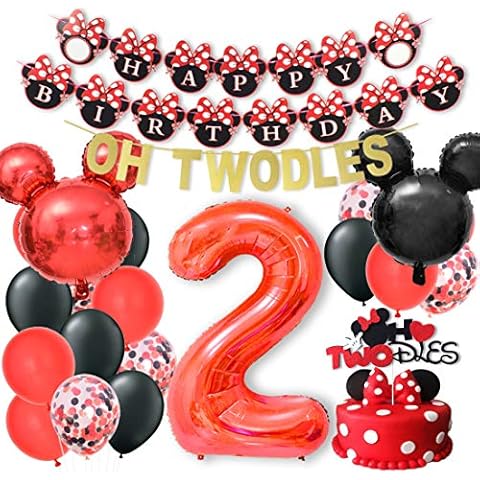 Kreatwow Cartoon Mouse 2nd Birthday Decorations Cartoon Mouse Party Decor Supplies Red and Black Cake Topper Happy Birthday Banner Oh Twodles Garland Cover