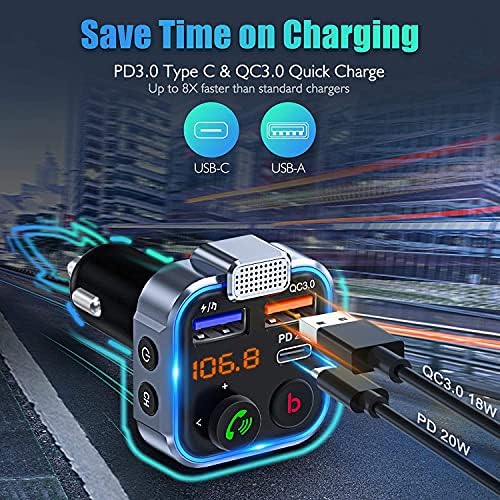 LENCENT Transmiter FM Bluetooth V5.3 Radio Samochodowe z głębokim basem Ładowarka samochodowa z zestawem głośnomówiącym i dwoma portami USB PD Type-C QC 3.0 USB z Niebieskim Oświetleniem Otoczenia
