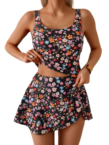 Eomenie Tankini Swimsuit for Women Tummy Control Two Piece Bathing Suit High Waisted Tank Top with Swim Skirt