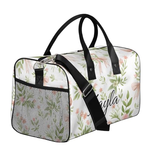 Pink Flower Custom Travel Bag, Personalized Duffle Bag with Initials Name, Green Leaf Sports Dance Gym Tote Bags Weekender Overnight Bags for Women Men3