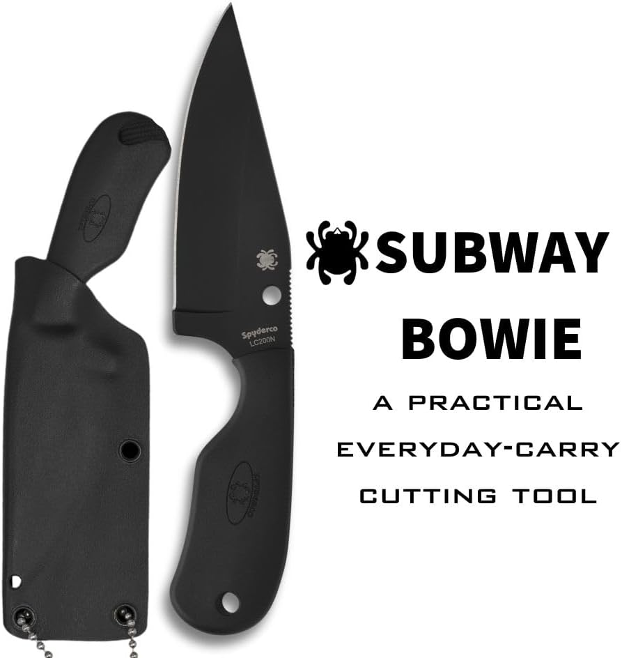 Spyderco Subway Bowie Fixed Blade Knife with 2" LC200N Steel Blade and FRN Handle - EDC Knife for Men and Women, Perfect for Hunting, Tactical, Camping, Survival, Hiking - PlainEdge - FB48PBBK