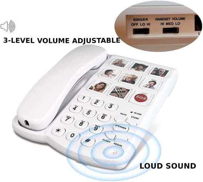 Miniatura 2 de Teléfono de botón grande, teléfono con cable de memoria fotográfica para personas mayores, teléfono fijo para ancianos, teléfono ajustable de