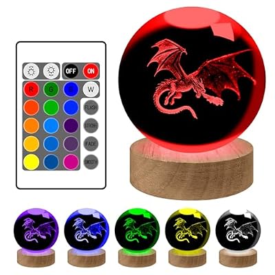 YATOSEEN Lámpara nocturna 3D con diseño de dragón, modelo de cristal K9, bola de cristal con dragón grabado en 3D y base con luz LED, regalo ideal para niños, parejas, cumpleaños y festividades | Ya disponible en tu tienda friki favorita! En mundofriki.es!
