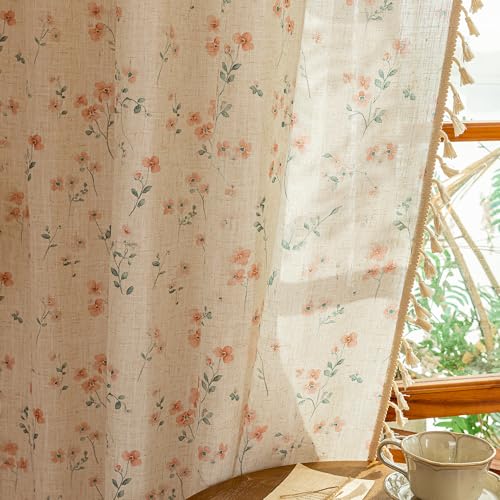 Image of MYSKY HOME Pink Floral Boho Linen Farmhouse Spring Curtains 84 Inches Long 2 Panels Set Rustic Pattern Semi Sheer Drapes with Tassels Back Tab for Living Room Girls Bedroom Nursery, 50 inch Wide