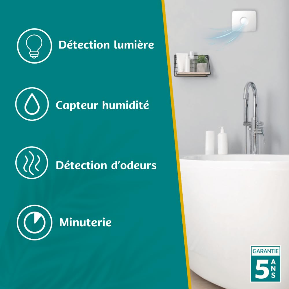 KELIS - Extracteur d'air intelligent connecté pour Salle de Bain, WC et Cuisine - Détection Humidité, Lumière et Odeurs avec Minuterie Intégrée - Fonctionnement ponctuel ou continu