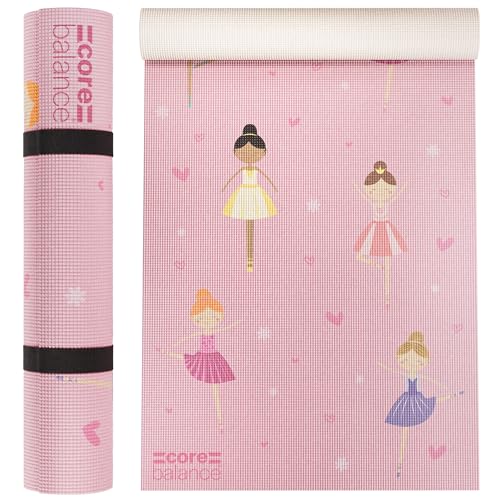 Core Balance - Core Balance Kids Yoga Mat with Strap, Screen-Printed Ballerina Pattern, Non Slip PVC Foam, Textured Grip, 6mm Thick for Cushioning & Support, Easy to Clean, Active Play & Exercise Mat, 152cm x 60cm