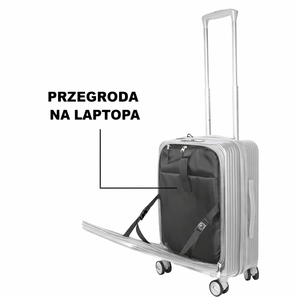 Zestaw 3 walizek z twardego poliwęglanu, specjalny system otwierania z przodu z przegródką organizera, możliwość rozszerzenia, 51 61 71 cm, zamek szyfrowy TSA, podwójne kółka 360 stopni, srebro