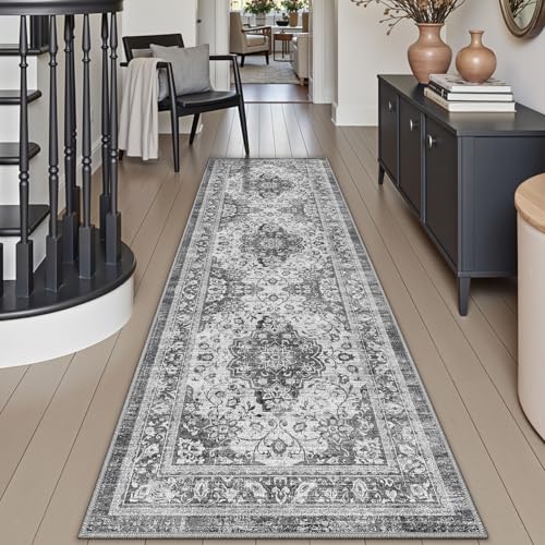 DEXI Hallway Runner Rug 60 x 150 cm, Non-Slip Long Washable Entryway Floor Mats, Absorbent Thin Vintage Carpet Runners for Kitchen, Laundry, Bedside, Grey