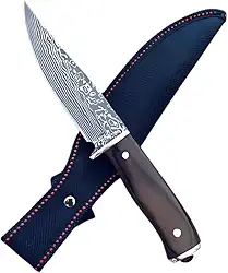 Canivete Artesanal em Aço Damasco, Cabo Rústico, com Bainha Azul Marinho