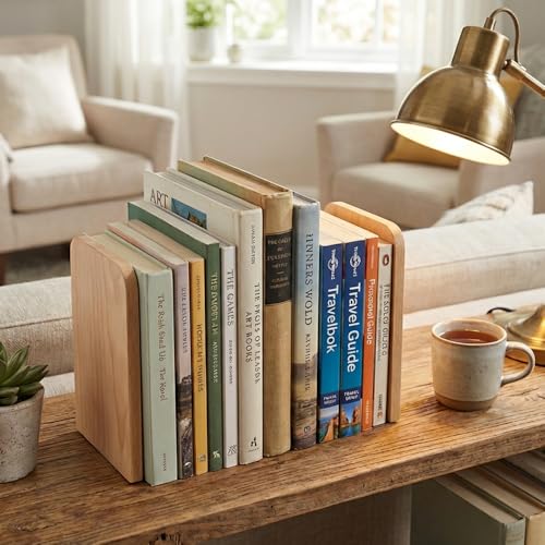 Buchstützen aus Holz, 2 Stück Buchenholz Buchstützen, Anti-Rutsch Bücherstützen, Bücherhalter für Regal, Unterstützung für Regale Buchständer Holz für Schule Zuhause Büro (10.5x12x17cm)